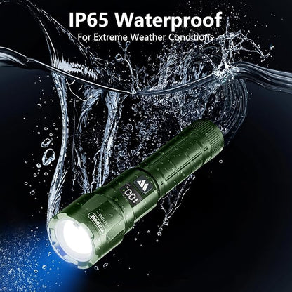 WdtPro LED Rechargeable Flashlight 2 Pack, 3 Modes Super Bright High Lumens Flashlights, Zoomable Tactical Flash Light with LCD Display, IP65 Waterproof Flashlights for Home Emergency Camping - Green