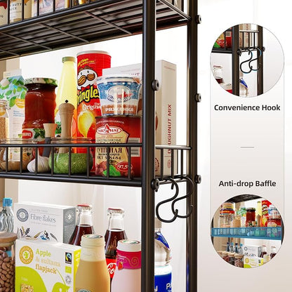 6-Tier Slim Storage Cart, Rolling Kitchen Cart with Wheels | Narrow Metal Shelf Organizer with Hooks for Kitchen, Bathroom, Living Room, Laundry, Small Spaces, Black, 6 in