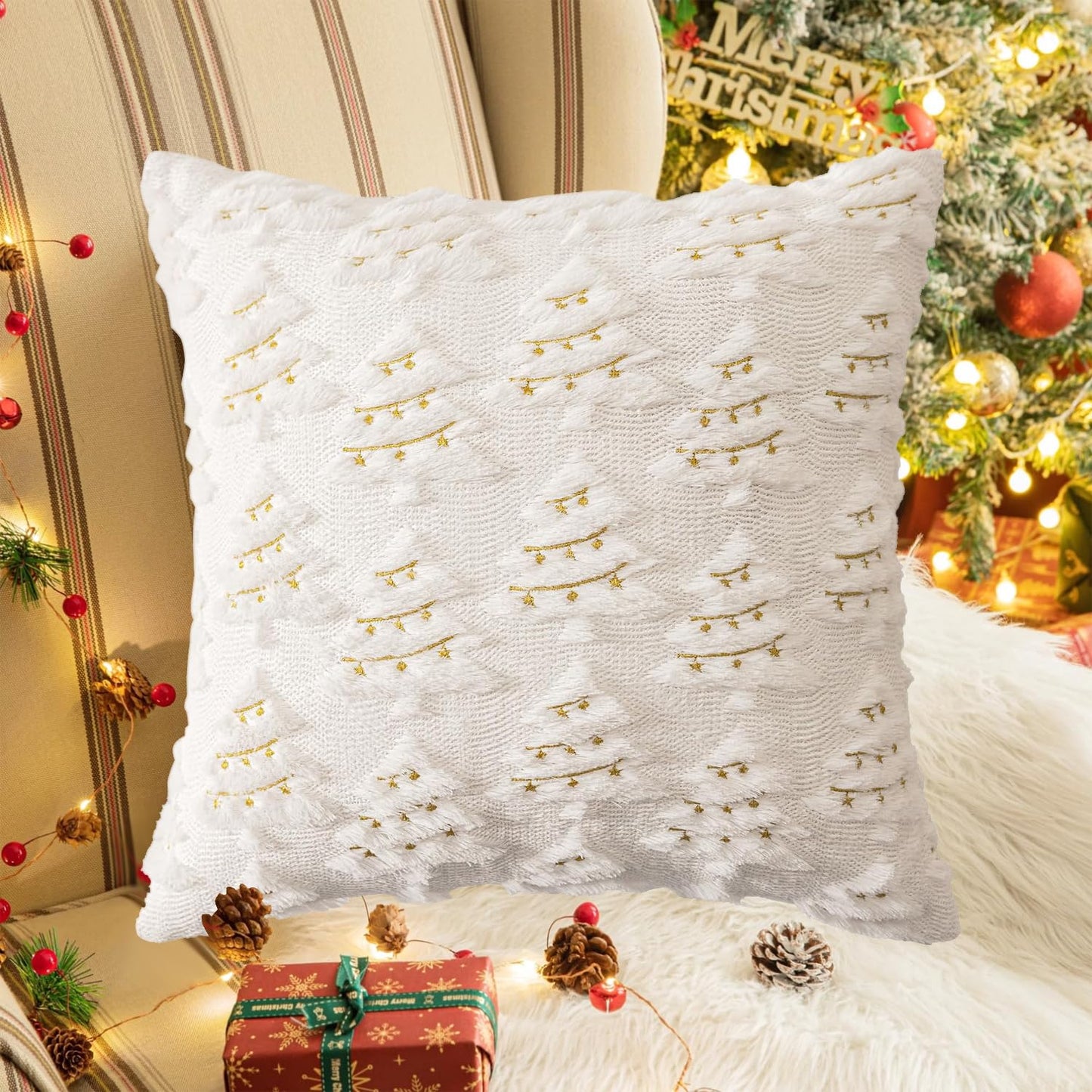 4 Pcs Christmas Throw Pillow Covers 18x18, Soft Faux Fur Pillow Cases Holiday Decorations, Fluffy Plush Accent Couch Cushion Case for Festivals Winter Sofa Living Room Home Decor(White Tree)
