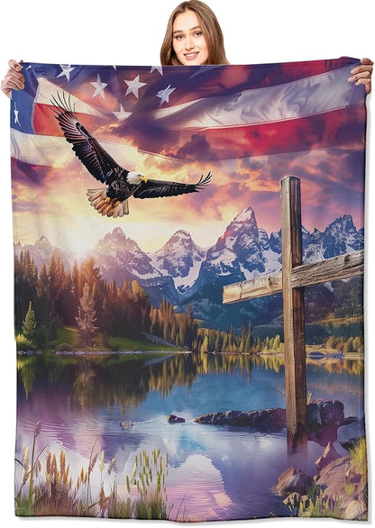 Spirit of Freedom Majestic Eagle Blanket,American Flag Cross Patriotic Throw Blankets,Gifts for Adults,Lightweight Soft Fleece,for Sofa Couch Bed Room Travel,Birthday Christian Decor,60x80in