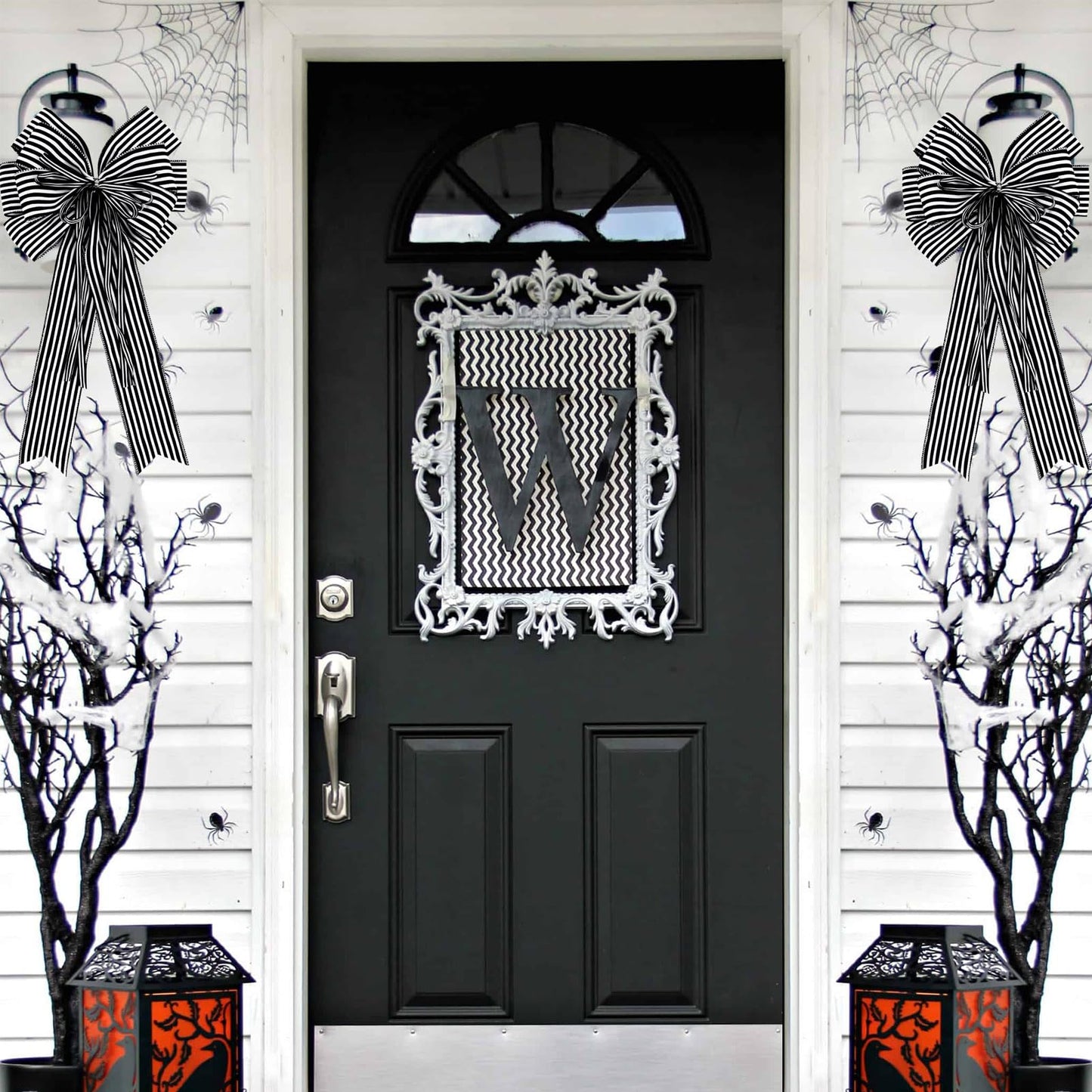 Hongsome 2 Pack Black White Stripe Halloween Fall Bows for Wreaths,12”x20”Black and White Christmas Decorations Bow for Tree Topper Gothic Spooky Holiday Birthday Party Wall Home Front Door