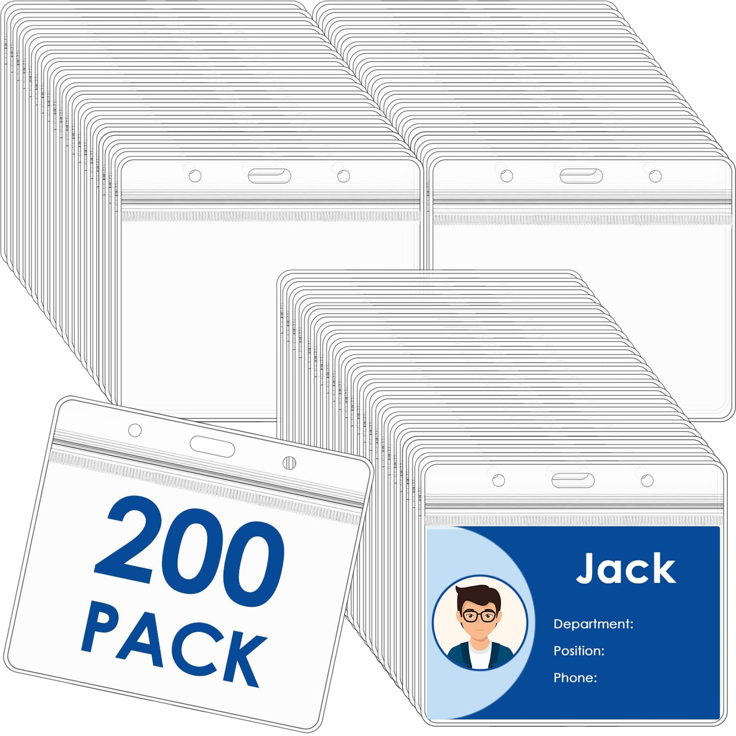200 Pack ID Badge Holders Horizontal, Waterproof Name Badge Holders with Resealable Zipper, Clear ID Card Holder for Lanyard Badges, and Credit Cards