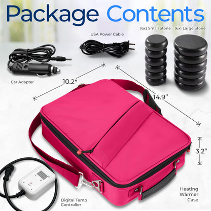 SereneLife Portable Massage Stone Warmer Set - Electric Spa Hot Stones Massager and Heater Kit with 6 Large and 6 Small Round Shaped Basalt Massaging Rocks, Digital Controller Heating Bag, Pink