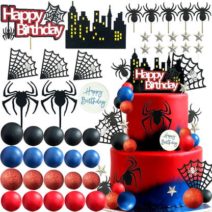 Tyotrbs 44PCS Spider Cake Topper Spider Web Cake Decoration Spiders Theme Cake Decor Happy Birthday Toppers Stars Red Blue Balls Cupcake Topper for Boys Men Baby Shower Hero Party Supplies