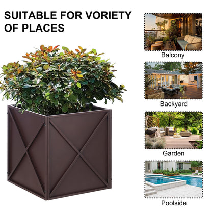 SUNNYPARK Large Metal Planter Box 17”x 17”x 18”, Square Modern Brown Metal Planter Box Heavy Duty with Drainage Holes for Outdoor Garden Patio