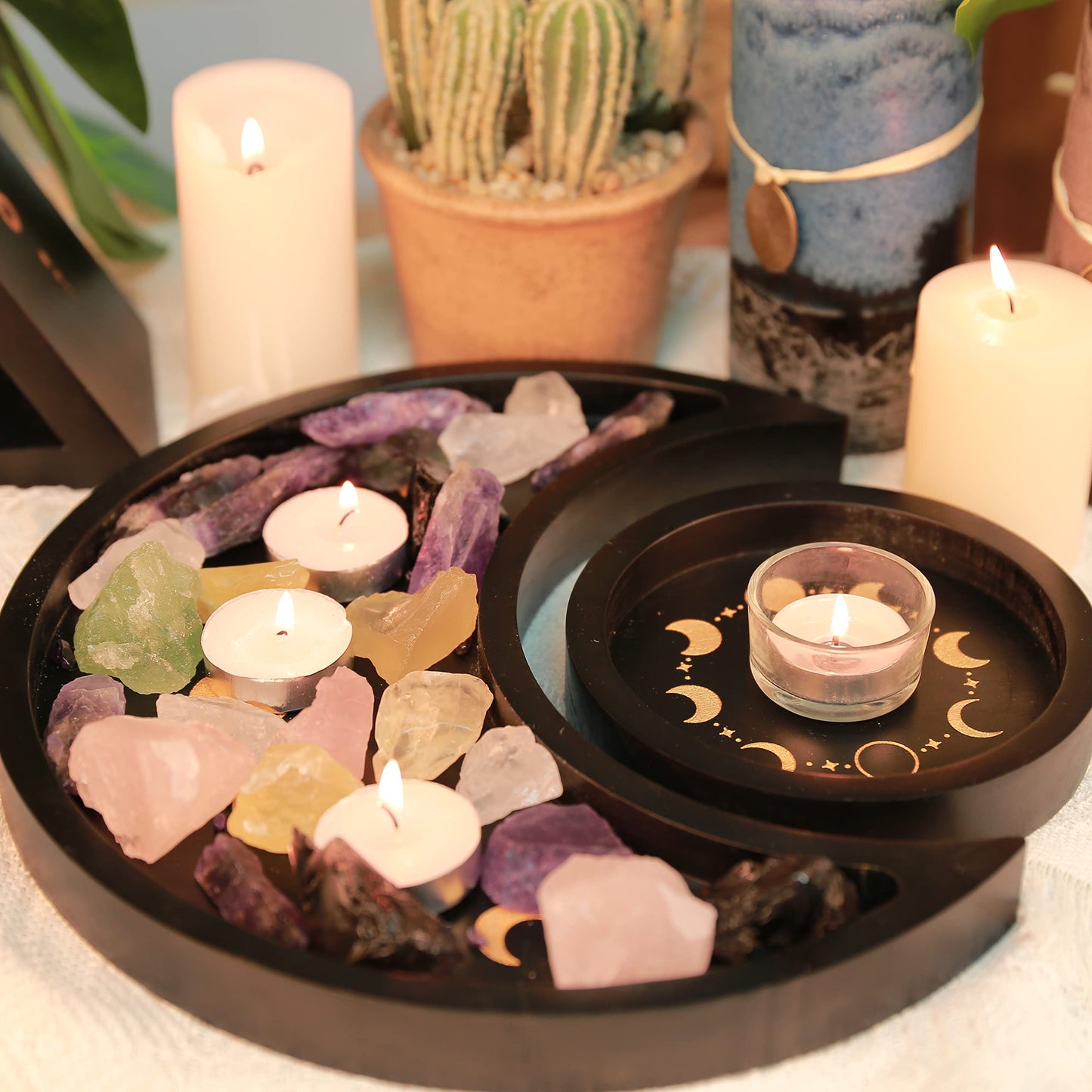 Mooncraftlogy Crescent Moon Tray Crystal Holder Set, Black Wooden Display for Stones Storage, Wicca Lunar Phases Organizer for Essential Oil Rocks, Altar Table Home