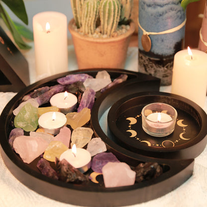 Mooncraftlogy Crescent Moon Tray Crystal Holder Set, Black Wooden Display for Stones Storage, Wicca Lunar Phases Organizer for Essential Oil Rocks, Altar Table Home