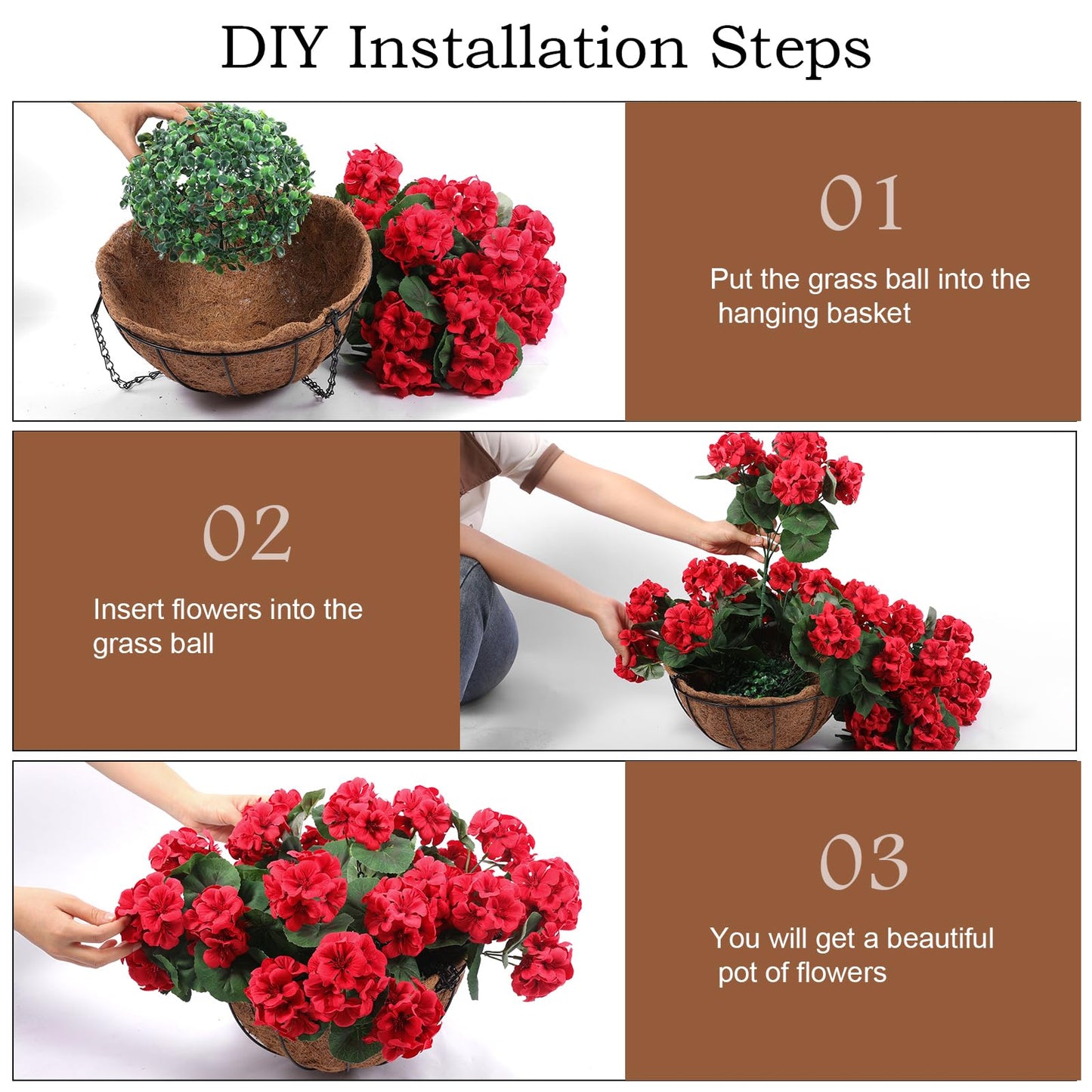 Hananona 2 Set Artificial Red Geraniums Flowers for Outdoors with Hanging Baskets, 2 Hanging Planters with 12 Pcs Red Geranium Flowers for Christmas Front Porch Garden Patio Home Decor (2, Red)