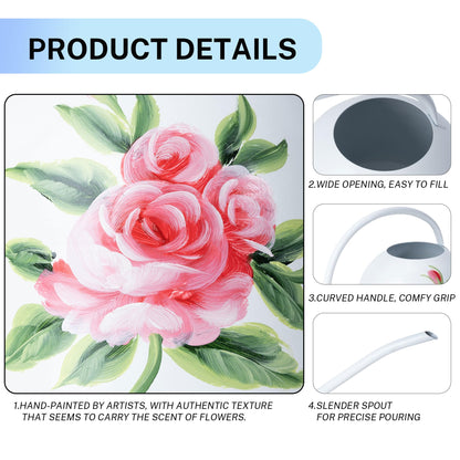 MOYEE Small White Metal Long Spout Watering Can Outdoor Indoor Spray Bottle for Plants Hand Drawn Patterns,1/2 Gallon Plant Mister Durable Metal Structure Lawn Garden Watering Equipment
