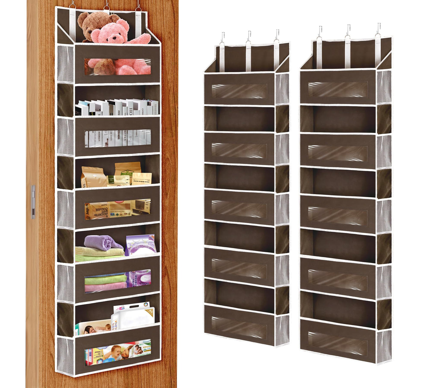 2 Packs 5-Tier Over The Door Organizer with 10 Side Mesh Pockets, 48 lbs Load Capacity, 3 Hooks Design, Hanging Organizer with Clear Windows for Bathroom, Bedroom, Nursery, Kitchen-Grey