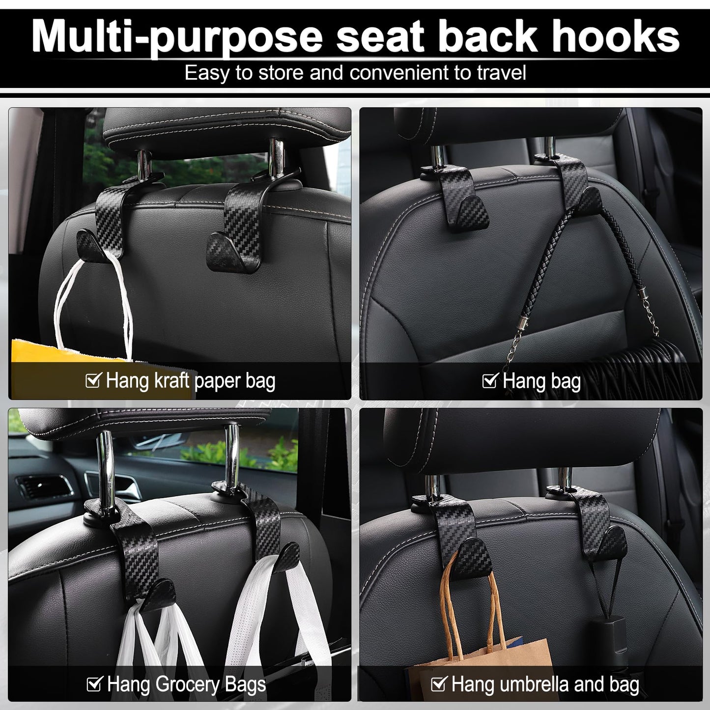 LivTee Car Purse Hook, 4 Pack Universal Auto Seat Headrest Hook Hangers Organizer for Coats, Umbrellas, Groceries - Carbon Fiber Black