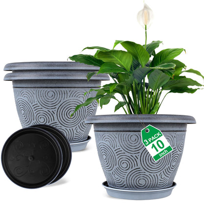 10 Inch Flower Pots Planters for Indoor Outdoor Plants, 3 Pack Plastic Large Plant Pots with Drainage Hole & Tray, Modern Decorative Garden Pot with Saucer, Plant Container for House