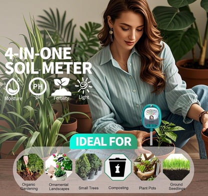 AiGerdinn Soil Moisture Meter for Plants, 4-in-1 Soil Tester - pH/Fertility/Sunlight Meter, Large Dial, Indoor/Outdoor Plant Water Monitor, Garden Soil Test Kit for Lawn, Farm, Houseplants