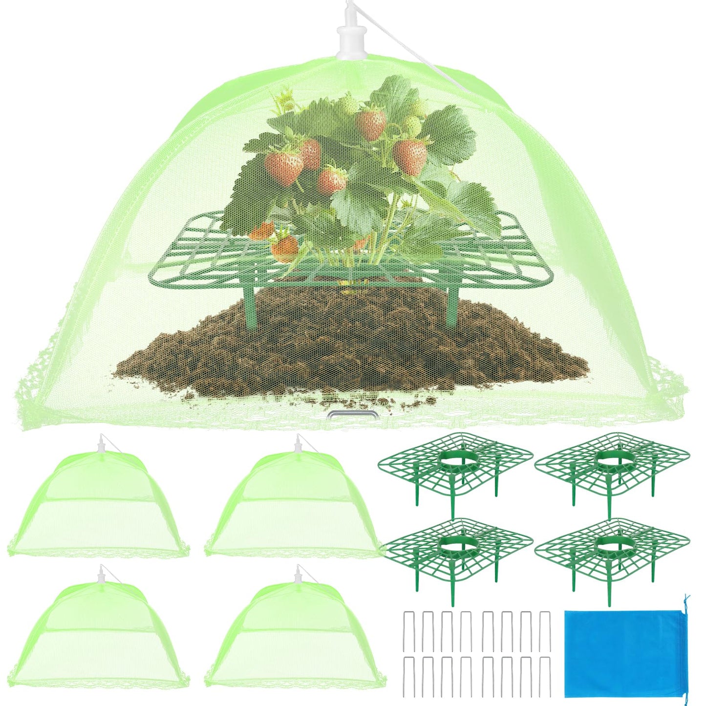NODMIPNS 4 Sets Strawberry Plant Support with Mesh Cover - Square Gardening Frame, Animal Barrier, Iron Stakes & Storage Bag for Healthy Strawberries, Tomatoes, Veggies (Green) (4 pcs)
