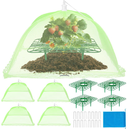 NODMIPNS 4 Sets Strawberry Plant Support with Mesh Cover - Square Gardening Frame, Animal Barrier, Iron Stakes & Storage Bag for Healthy Strawberries, Tomatoes, Veggies (Green) (4 pcs)