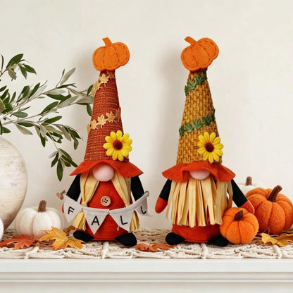 Ni-JASW Fall Plush Gnomes Set of 2, Farmhouse Sunflower Pumpkin Harvest Thanksgiving Swedish Tomte Autumn Elf Figurines Tiered Tray Decor