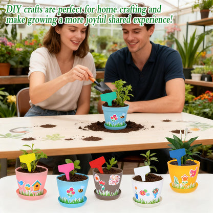 Wenceda 30 Pack Garden Pot Craft Kit, DIY Spring Pot Plastic Planter with Tray, Include Plant Tag/Certificate of Award/Spring Sticker, Flower Plant Craft for Classroom Home Party DIY Flower Planting