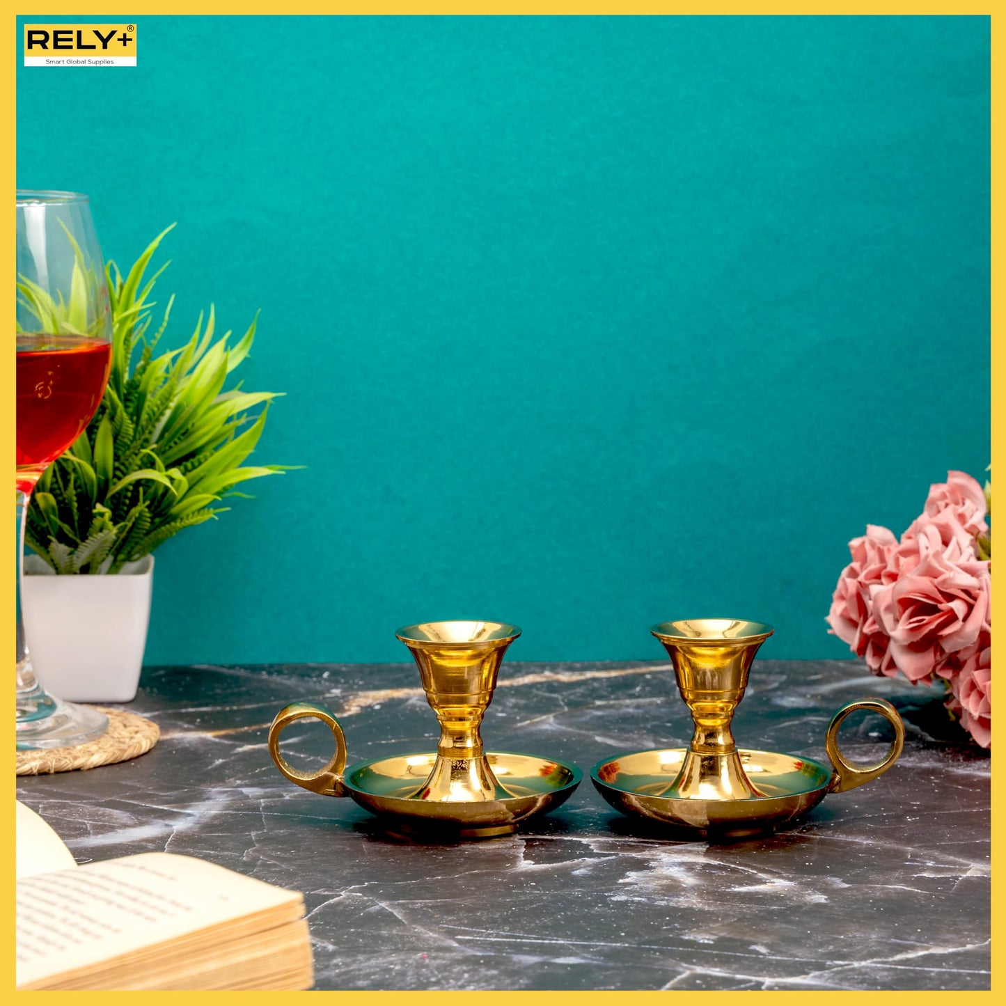 Rely+ Glossy Gold Metal Candle Holders with Handle for Taper Candlestick Set of 2 Modern Decor for Home Table Centerpiece for Wedding, Parties, Dinners, Decorations