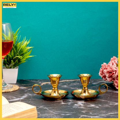 Rely+ Glossy Gold Metal Candle Holders with Handle for Taper Candlestick Set of 2 Modern Decor for Home Table Centerpiece for Wedding, Parties, Dinners, Decorations
