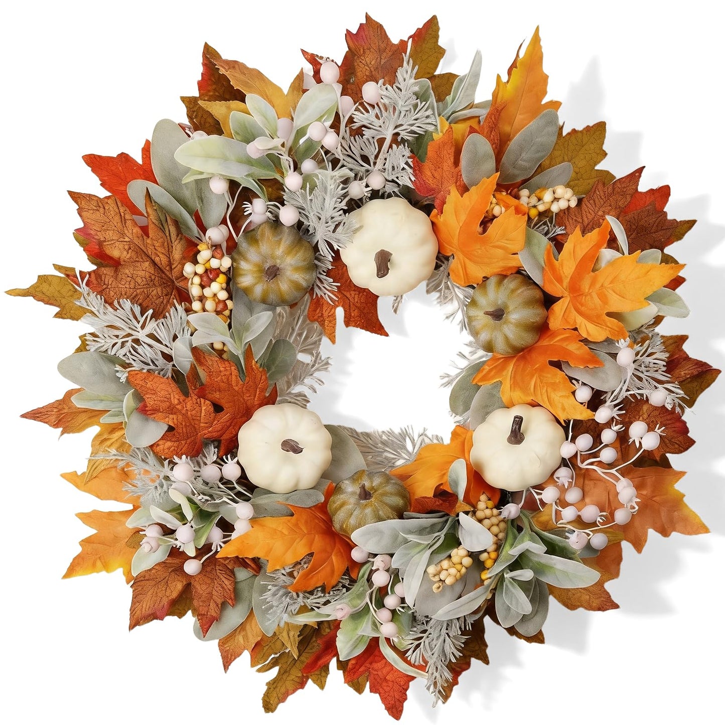MAINGKAUNG Artificial Fall Wreath 22 Inch Fall Wreaths for Front Door with White Pumpkins Oeange Maple Leaves Lamb's Ear and Berries Autumn Wreath Thanksgiving Harvest Wreath for Festival Wall Porch