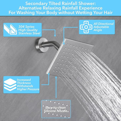 VANFOXLE Shower Faucet Set Brushed Nickel Shower System, Push Button Diverter Shower Faucet with Trim Kit, Ceiling Mount 16 Inch Shower Head Increased Thick, 6 Inch Side Shower Head, 2-in-1 Handheld