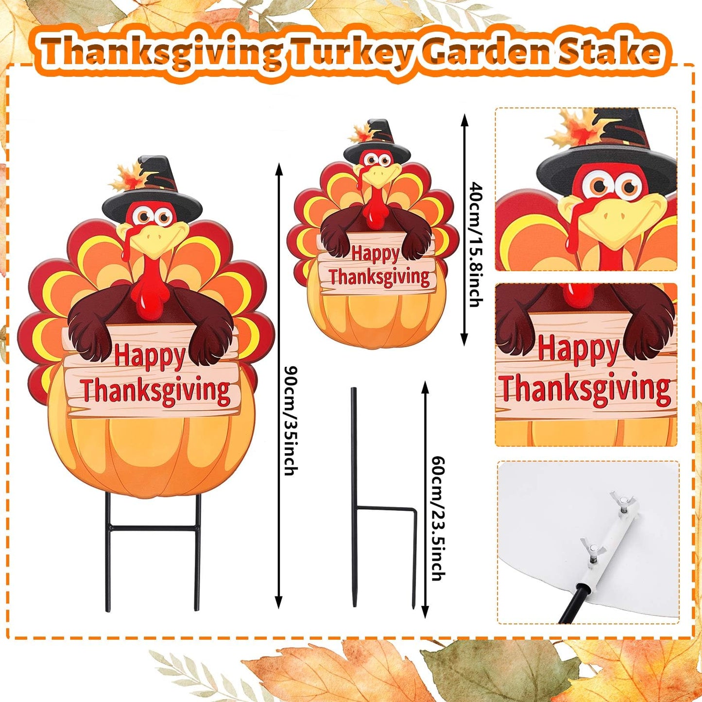 Whaline 2 Pack Fall Thanksgiving Metal Decorative Garden Stake Turkey Pumpkin Welcome Harvest Yard Sign Waterproof for Home Garden Yard Lawn Patio Backyard Walkway Decorations