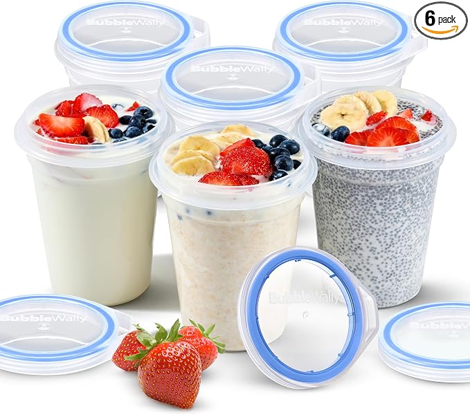 BubbleWally JoyPlus Overnight Oats Containers with Lids Plastic (Blue) - Meal Prep Containers Reusable for Food Storage – 16oz Jars for Breakfast, Snacks, and Lunch