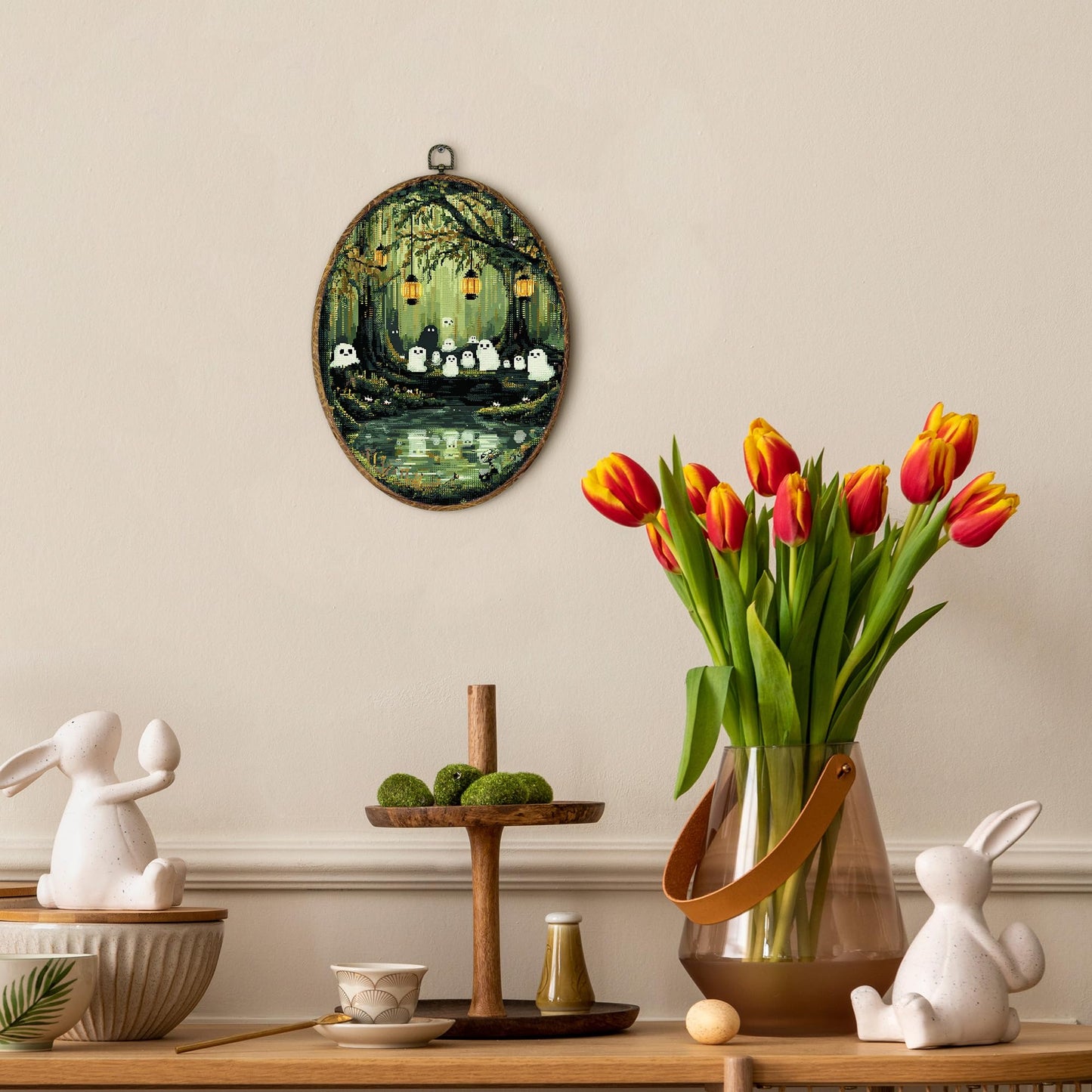 EGVQK Cute Halloween Ghost Oval Wall Art Decor, pixel art Ghosts Framed Canvas Prints Wall Art, Whimsigoth Oval Canvas Hanging Decor for Scary Halloween Ghost Decorations Indoor Living Room 8.5x11.5in