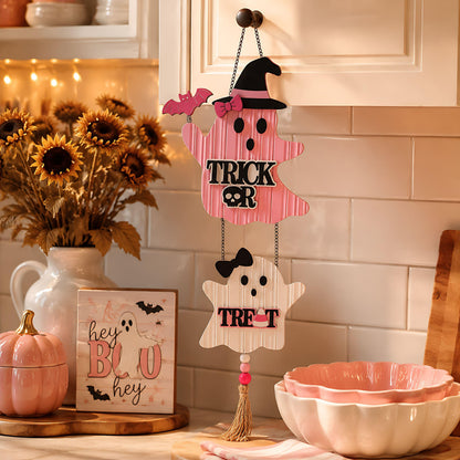 Valery Madelyn Pink Halloween Decorations, Cute Halloween Door Wreath Decorations, Ghost with Witch Hat Wooden Hanging Sign for Wall Window Door Handle, 22 inch