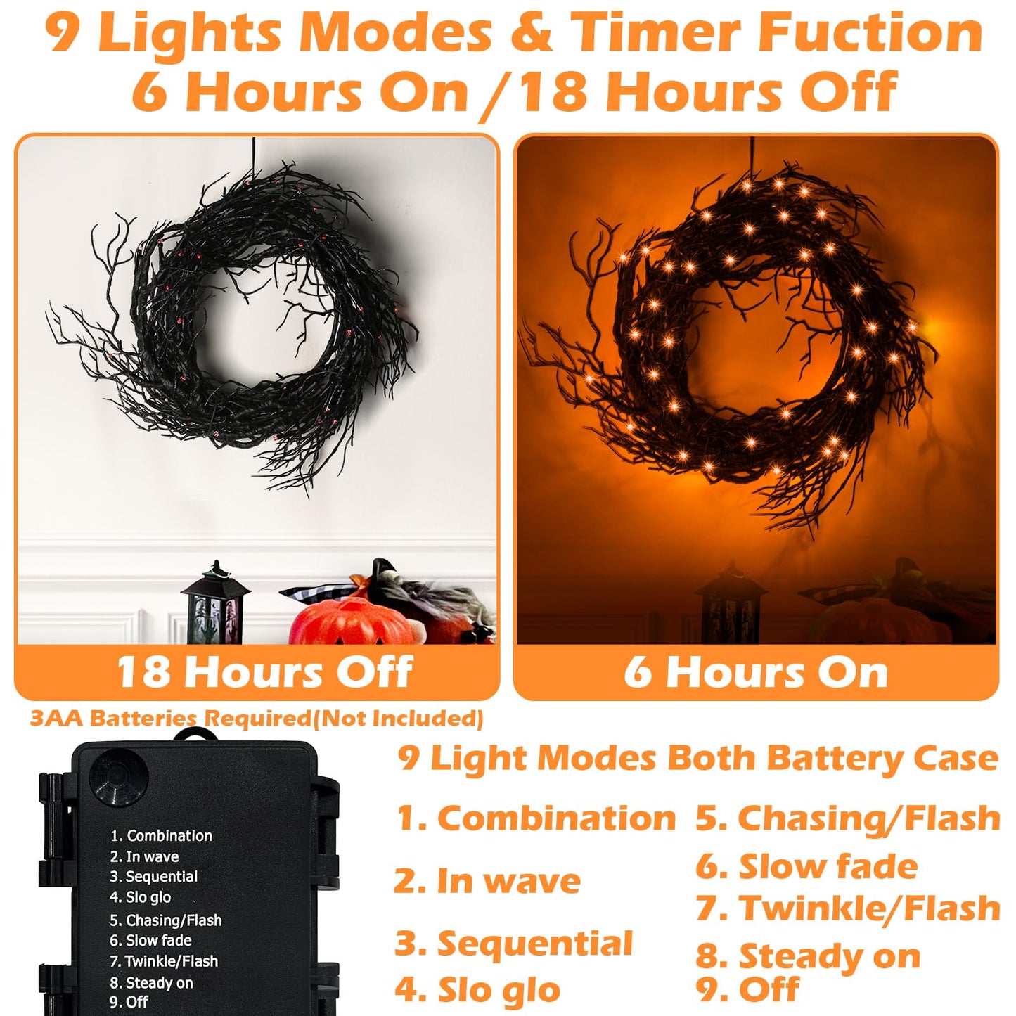 [ 8 Modes & Timer ] 6 Ft 45 LED Halloween Willow Vine Twig Garland Decorations with Orange Lights, Halloween Garland with Battery Operated Waterproof for Home Indoor Wall Fireplace Mantle Decor
