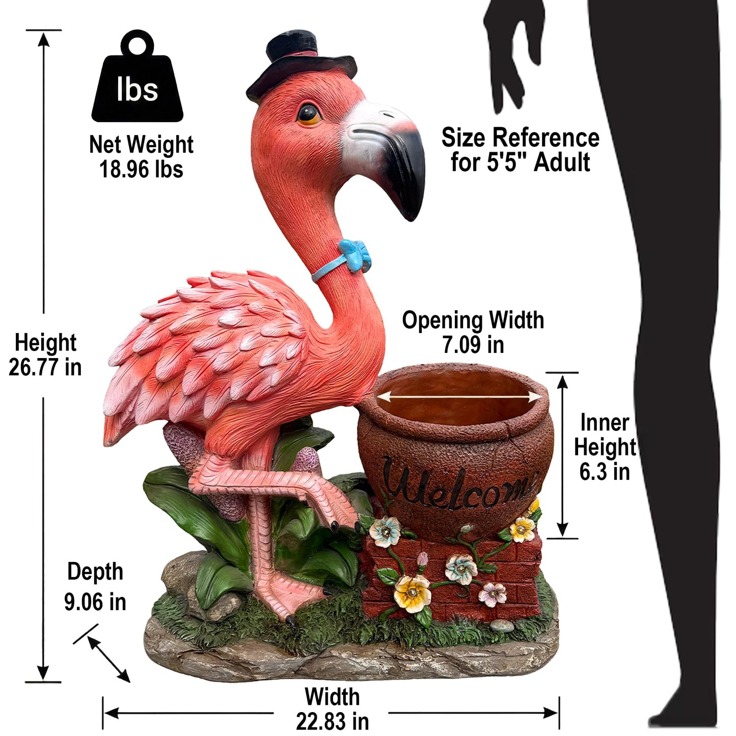 elesculor Flamingo Planter, Outdoor Welcome Sign Animal Flower Pot, Large Standing Bird Statue Yard Art Decor for Garden Patio and Front Porch - Top Hat