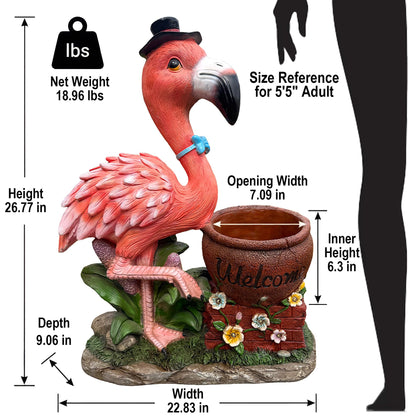 elesculor Flamingo Planter, Outdoor Welcome Sign Animal Flower Pot, Large Standing Bird Statue Yard Art Decor for Garden Patio and Front Porch - Top Hat