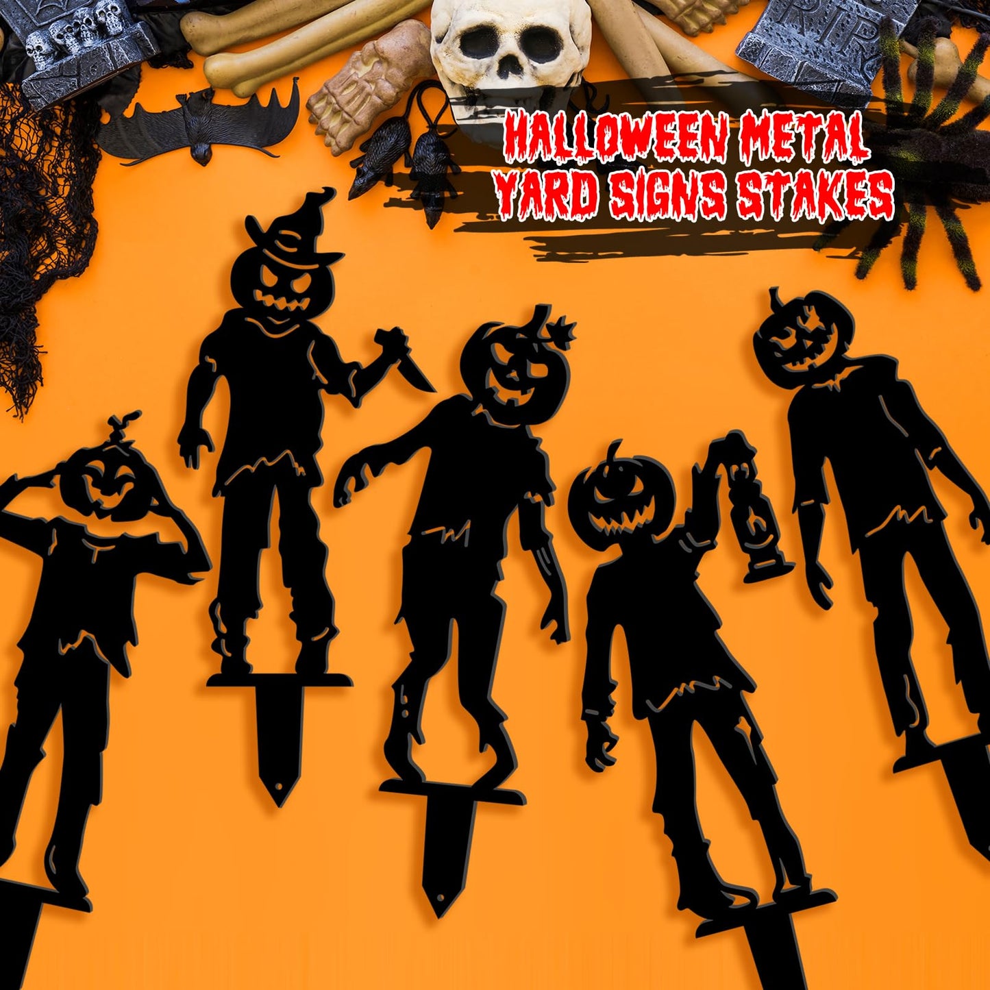 5 Pcs Metal Halloween Yard Signs Halloween Outdoor Decorations Black Metal Art Halloweens Yard Stakes Reusable Skeleton Lawn Sign for Zombie Holiday Party Supply Pumpkin Decor for Garden Prop