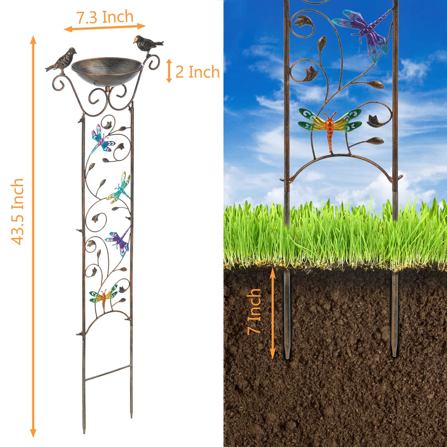 SUNNYPARK Bird Bath with Trellis Outdoor, Antique Garden Iron Plant Trellis with Decorative Dragonfly Detachable Bird Bath Bowl Metal Potted Plant Support for Climbing Flowers