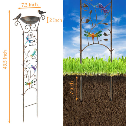 SUNNYPARK Bird Bath with Trellis Outdoor, Antique Garden Iron Plant Trellis with Decorative Dragonfly Detachable Bird Bath Bowl Metal Potted Plant Support for Climbing Flowers