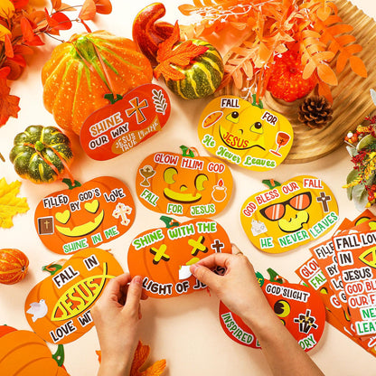 Frienda 48pcs Thanksgiving Pumpkin Craft Kit Christian Fall Jesus Pumpkin Cross Hanging Ornaments with Ribbons Halloween DIY Religious Faith Crafts for Sunday School Party Home Activities
