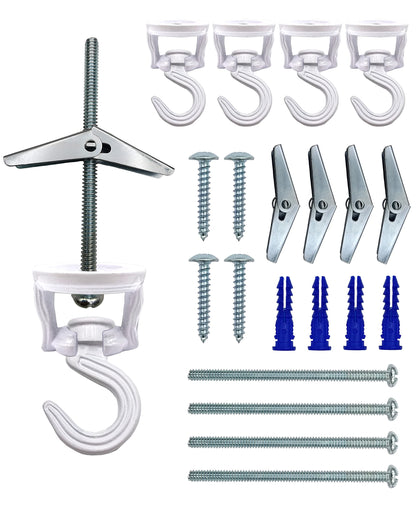 Swivel Swag Hooks for Ceiling Hanging - Heavy Duty Ceiling Hangers for Plants & Lights - Zinc Bolt Hook Installation for Cavity Wall Fixing (White 4 Pack)