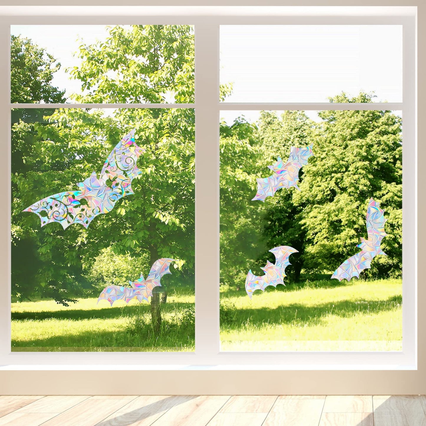 AREAWA Rainbow Window Clings, 8 PCS Bats - Non-Adhesive Prismatic Vinyl Decals, Bird Strike Deterrent for Glass, Indoor Decor, Reusable, Irregular Shaped Stickers