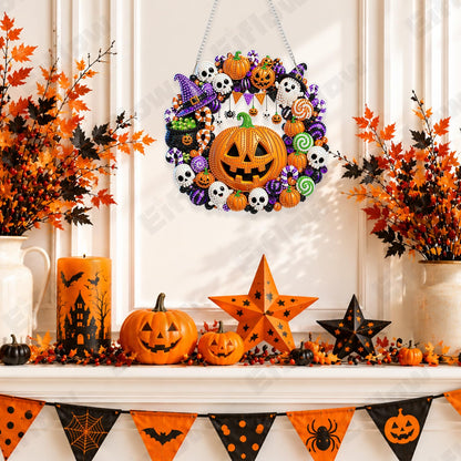 Eiflow Halloween Diamond Art Hanging Kit for Adults, DIY Acrylic Diamonds Craft Painting Hanging Ornament Board Kit, Special Crystal Diamond Art Painting Window Door Hanging Pendant (Pumpkin Wreath)