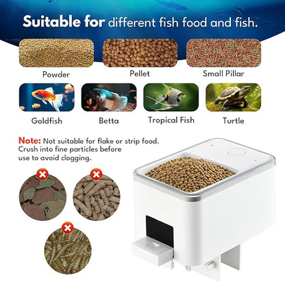 Automatic Fish Feeder for Aquarium, Moisture-Proof Adjustable Food Dispenser, APP Control with Timer, Four Precision Feed Funnels USB Powered Suitable for Small Tank Pelleted Food Black
