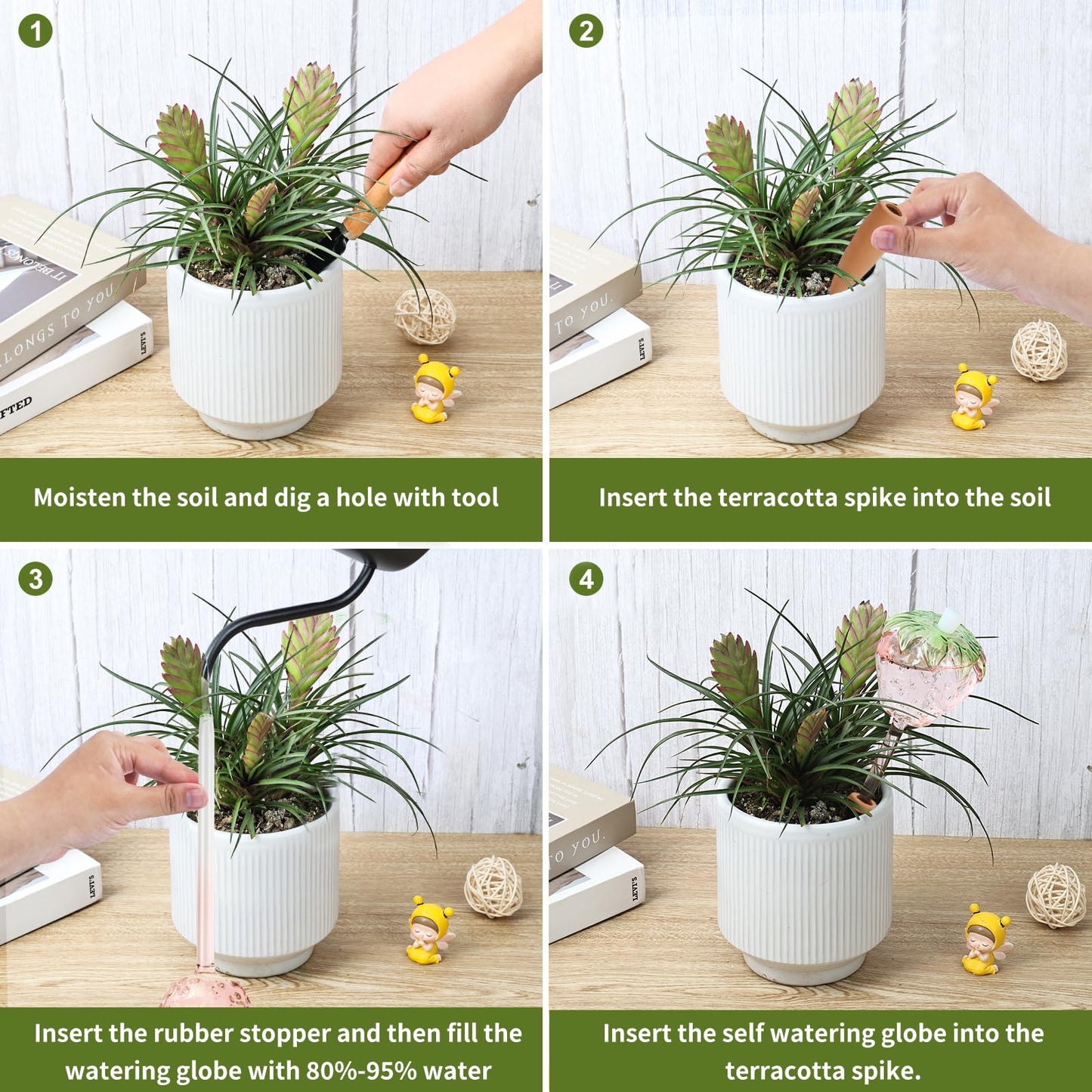 Yurucenus Strawberry-Shaped Glass Plant Watering Globes (Set of 2) - Vacation Plant Watering Devices with Terracotta Spikes, Top-Fill Watering Globes, Self Watering Planter Insert for Plants