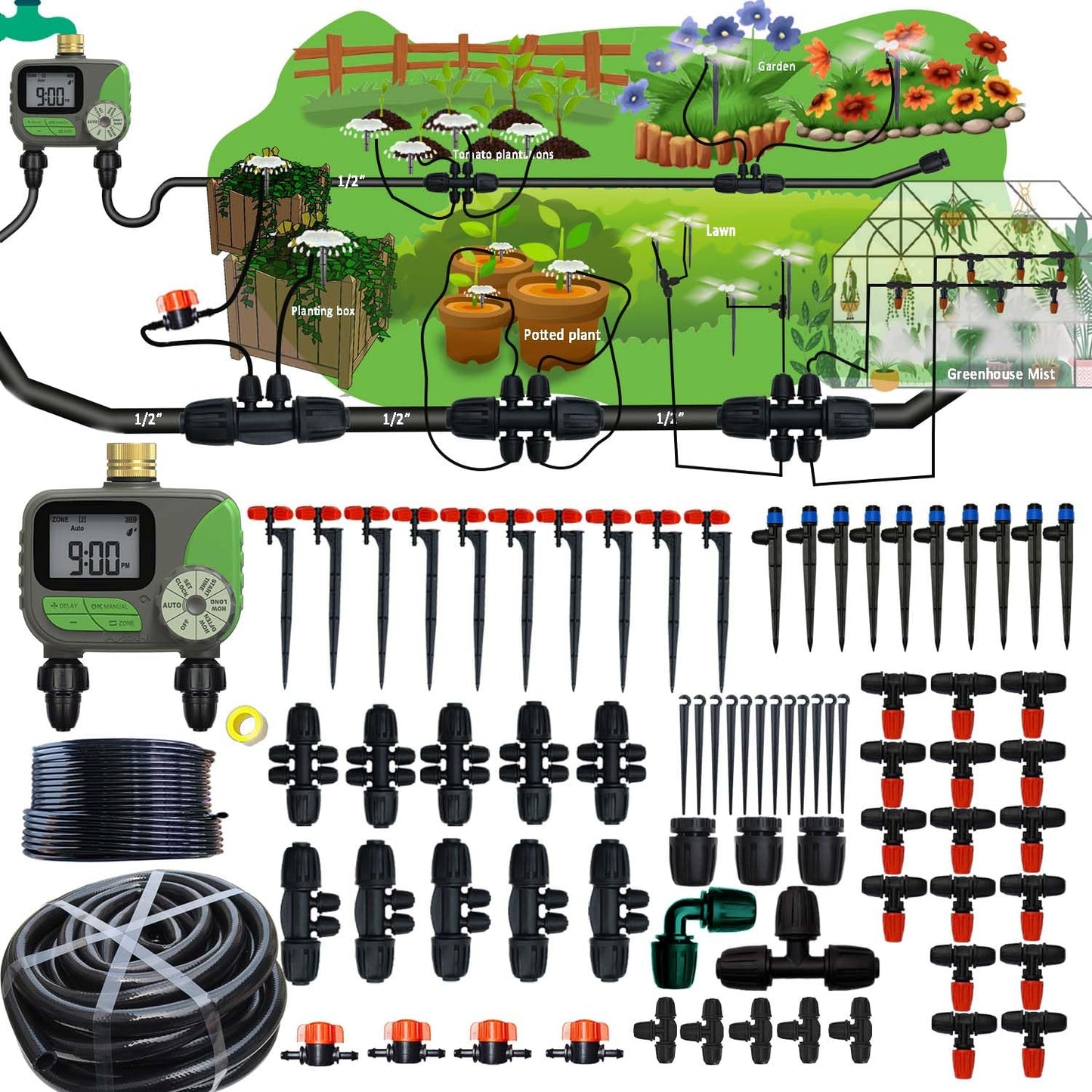 Drip Irrigation System for Garden with Water Timer, Main ID 1/2inch 32Ft and 1/4inch 131Ft Water Hose, 2-Zone Watering System Sufficient Water Pressure, Irrigation Dripper Waterflow Evenly Easy DIY
