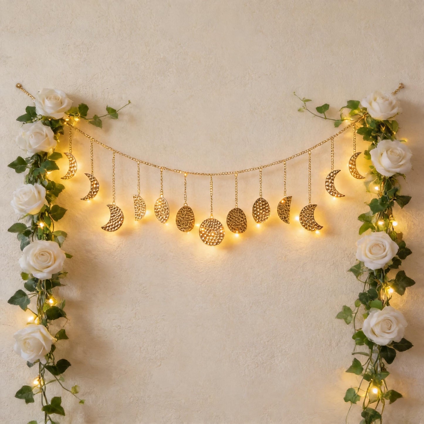 Opulinea Boho Moon Phase Wall Hanging, Gold Hammered Metal LED Celestial Garland for Bedroom Witchy Home Christmas Decor