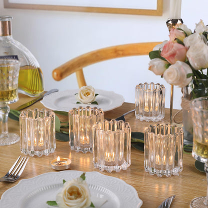 HAVITI Glass Clear Votive Candle Holder, Ribbed Votive Candle Holders Set of 6, Tealight Candle Holder for Wedding Centerpieces Dinner Party Table Decor