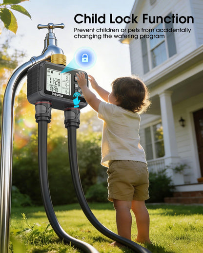 Insoma Water Timer with Brass Inlet & Outlet, 2 Independent Zones Outdoor Hose Timer for Garden Faucet with Auto/Manual/Rain Delay Mode, Sprinkler Irrigation Controller for Yard Lawn