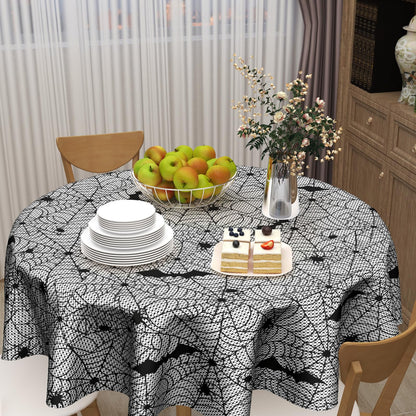 Sweetshow Halloween Bat Table Cloth Round Black and White Spider Web Tablecloth 70 Inch Decor Washable Stain and Wrinkle Resistant Round Table Cover for Dining Party Picnic
