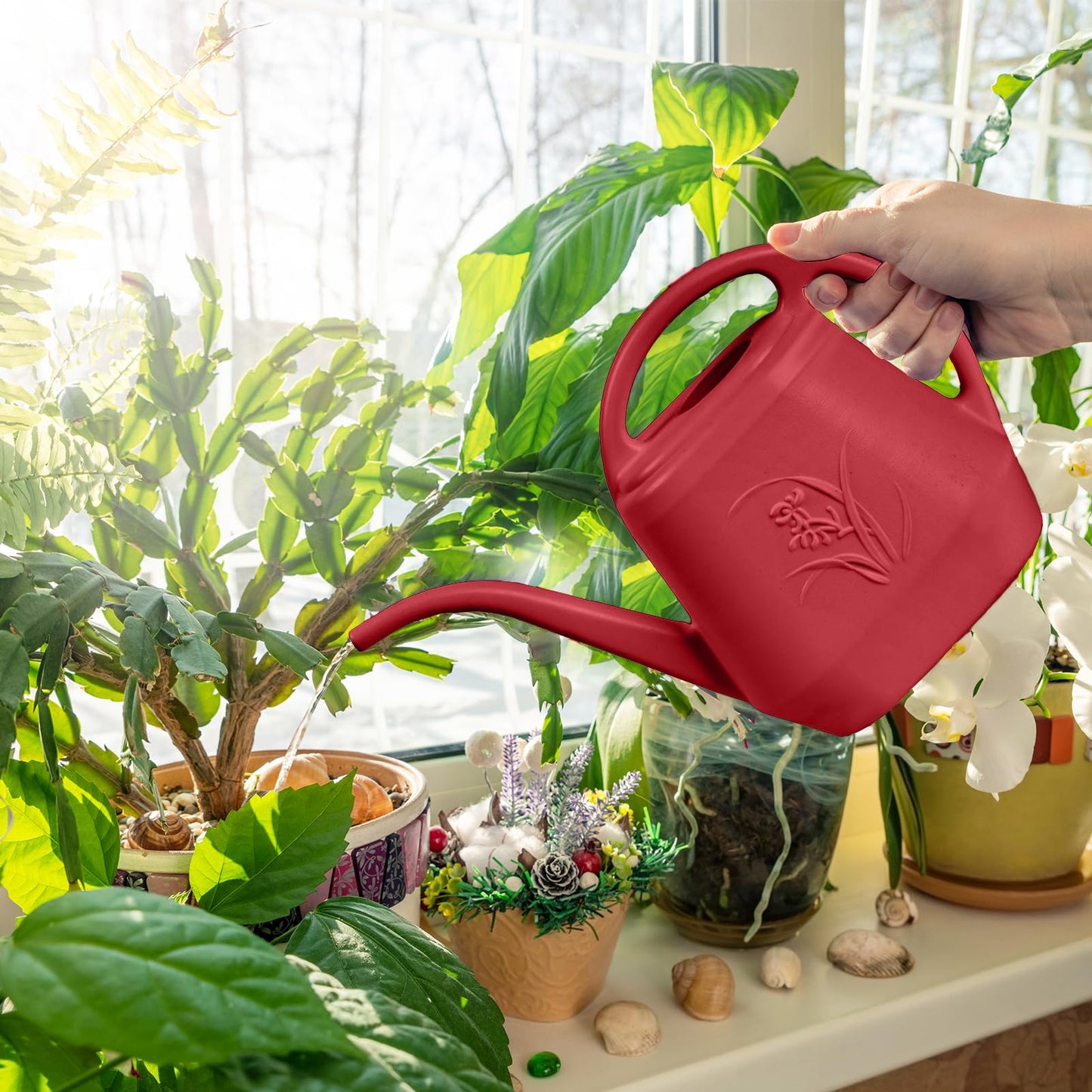 ZXJ Plant Watering Can - for Indoor and Outdoor Home Garden Plants - with Long Spout - Wine Red - 1/2 Gallon