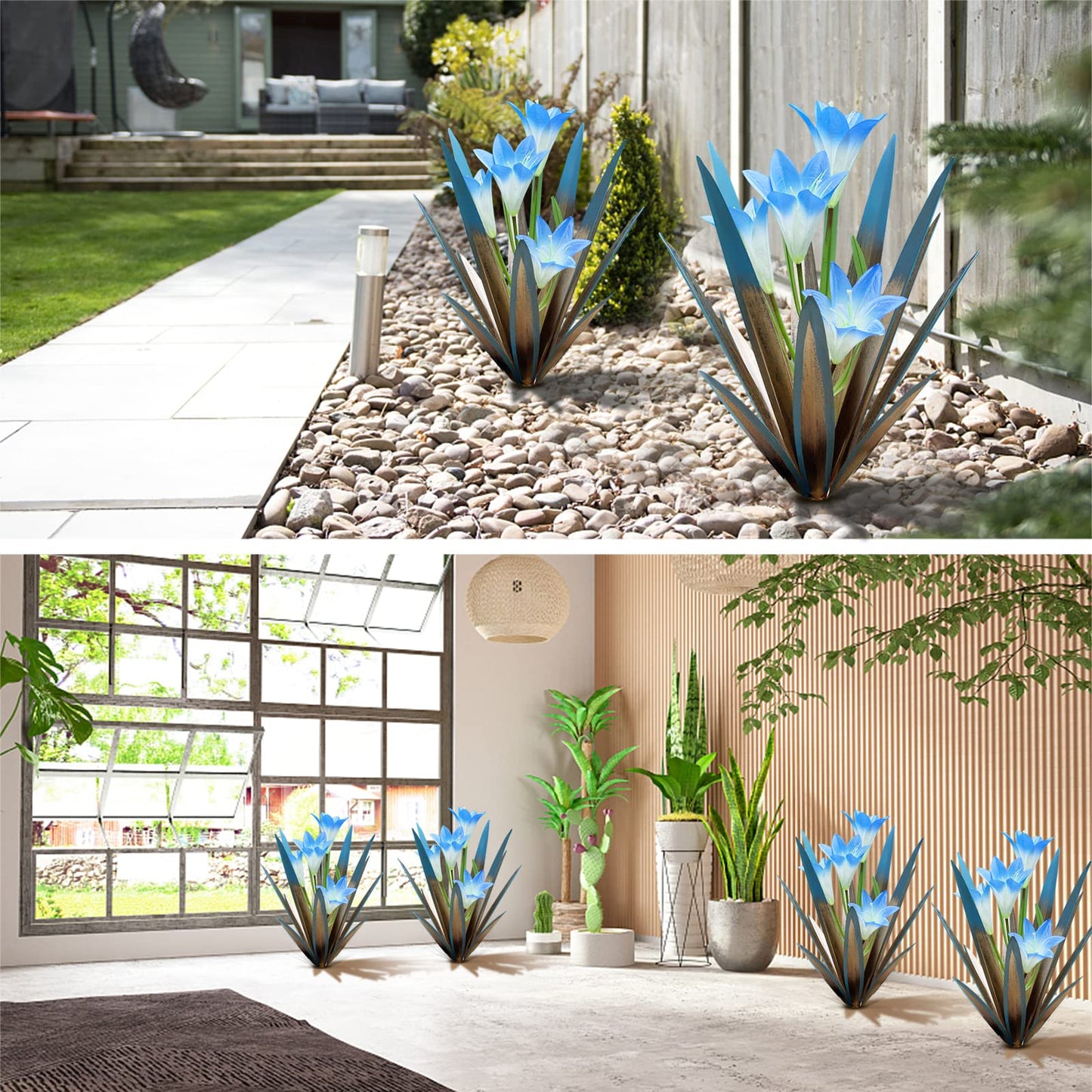 Homight Metal Agave Plant Outdoor Decoration Lily Mexican Yard Art Garden Gift Home Decor Hand Painted Metal Agave Garden Yard Statue, Outdoor Lawn Ornaments (2 Big Blue Lilies)