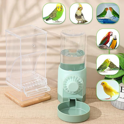 Jingmore 4 Pcs No Mess Small Bird Feeder Parakeet Water Dispenser Set Automatic Clear Parakeet Feeder Acrylic Watered Cage Accessories for Canary Budgie Lovebirds Finches(Green)