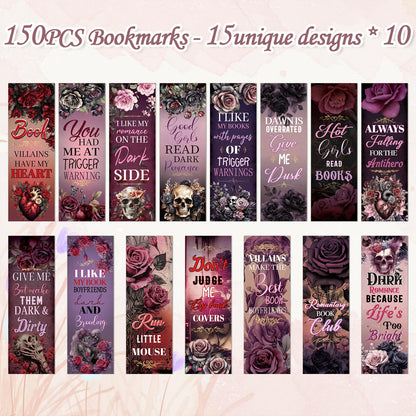 Wxiben Dark Romance Bookmark Gifts - 150 Pcs Dark Romance Merch Book Marks Skull Flower Bookmarks Page Marker Clip Gift for Women Men Book Lover Students Teachers Bookish Bookworm Reading